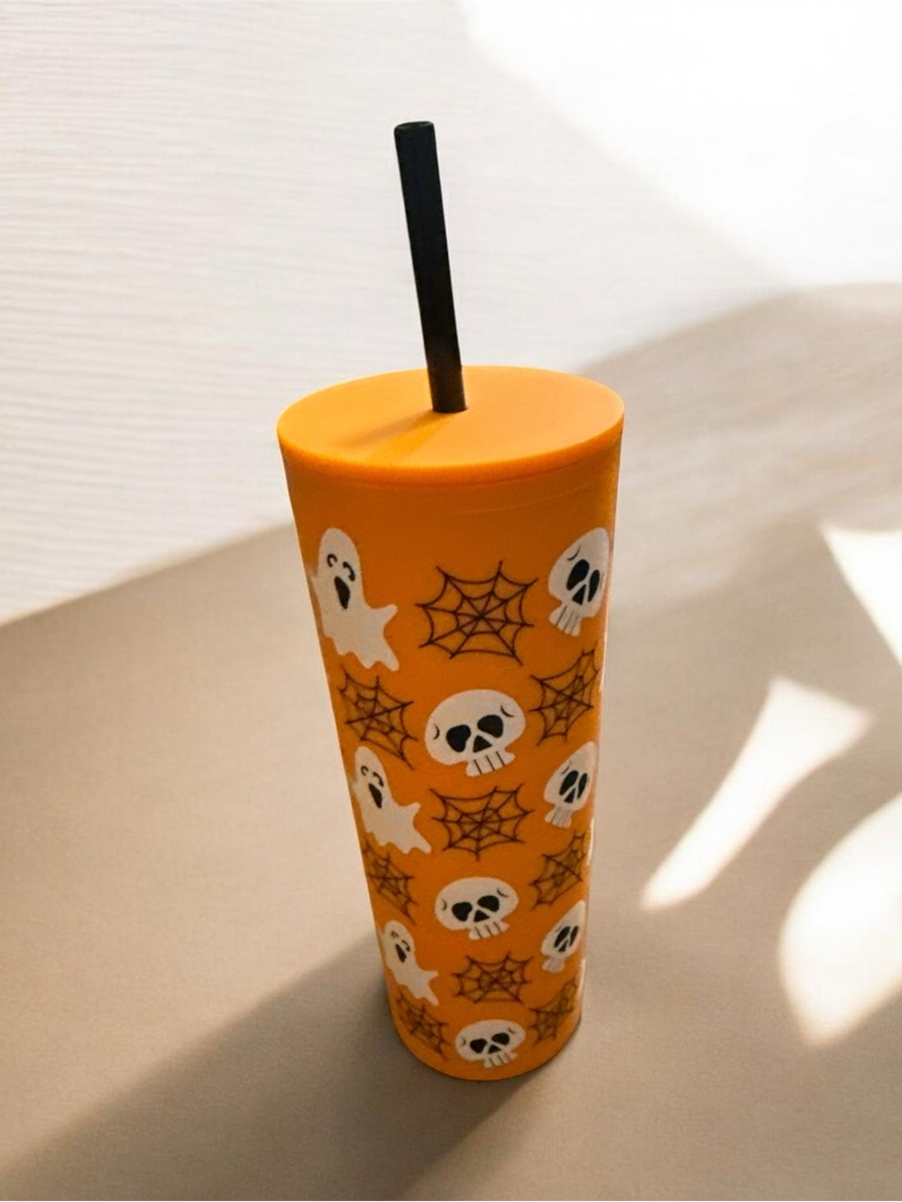 Halloween Orange Ghost & Skull Tumbler with Straw